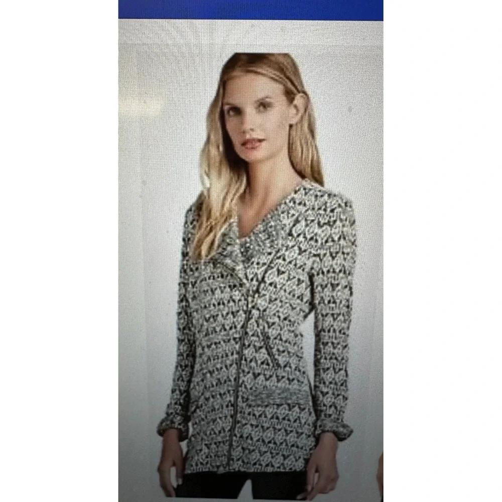 Lucky Brand Marnie Knit Moto Jacket Womens Small Black White Geometric Aztec